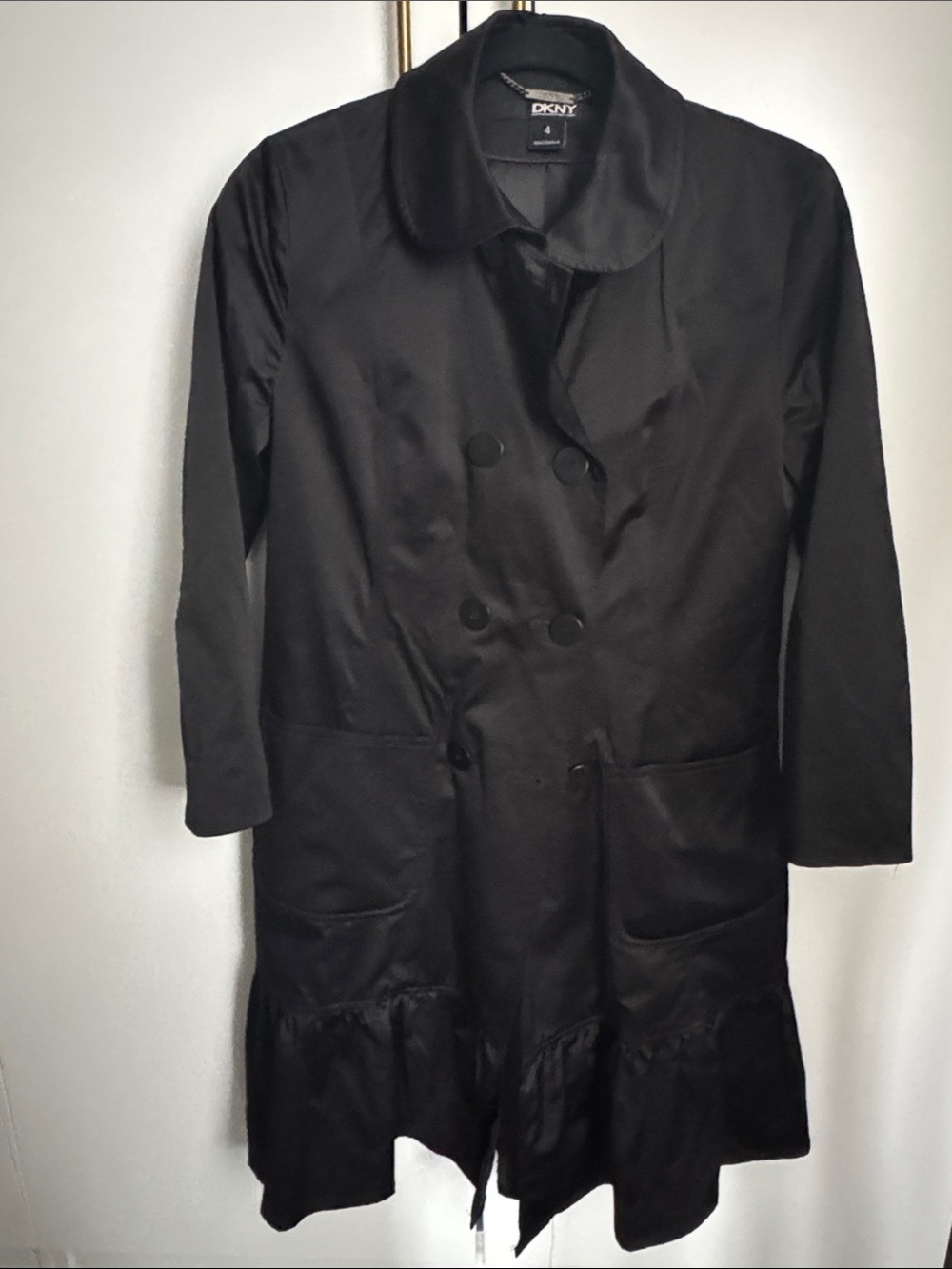 Vintage DKNY Black Double-Breasted Satin Trench Coat